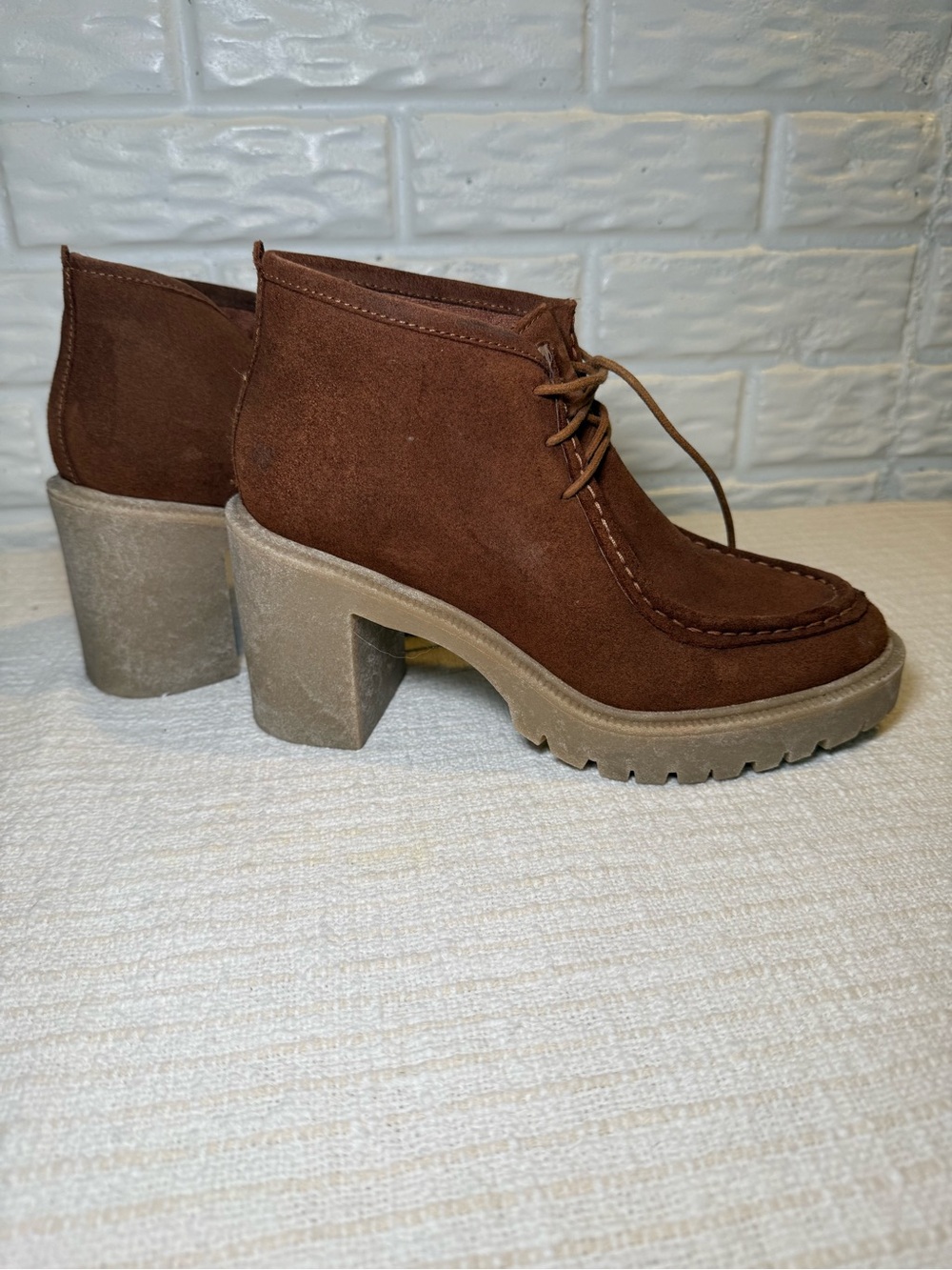 Lucky Brand Brown Suede Lace-Up Chunky Heel Booties